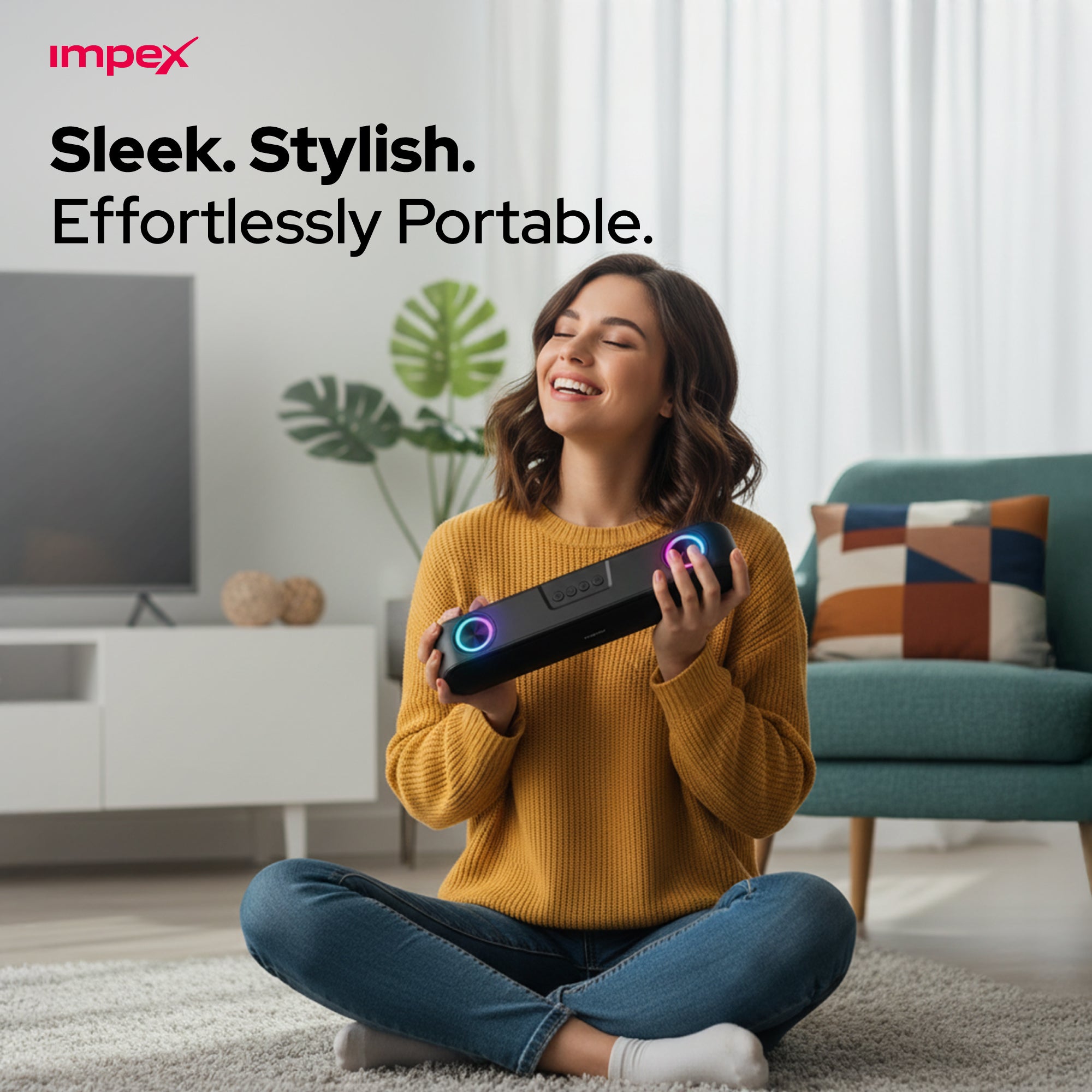 Woman holding a portable electronic device in a living room with 'impex' branding and text.