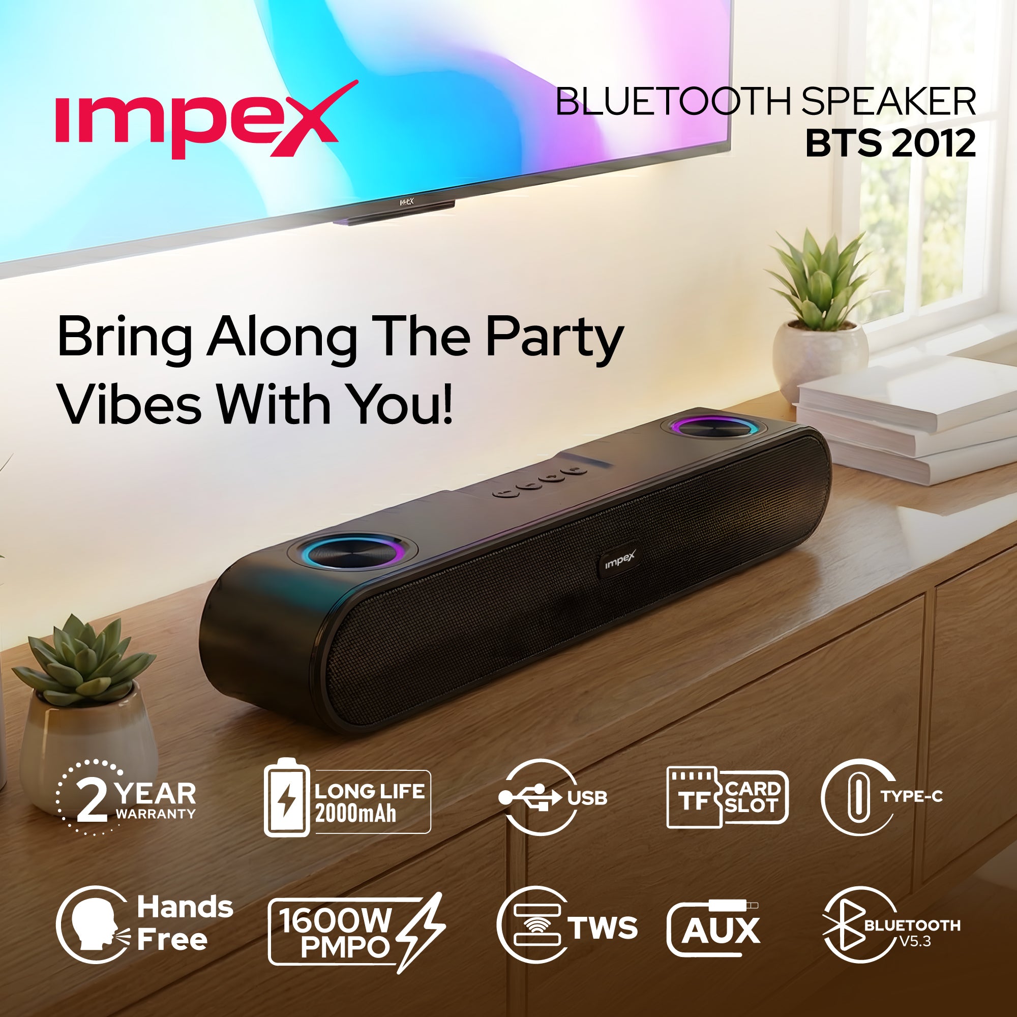 Impex Bluetooth speaker BTS 2012 on a wooden surface with product features highlighted.
