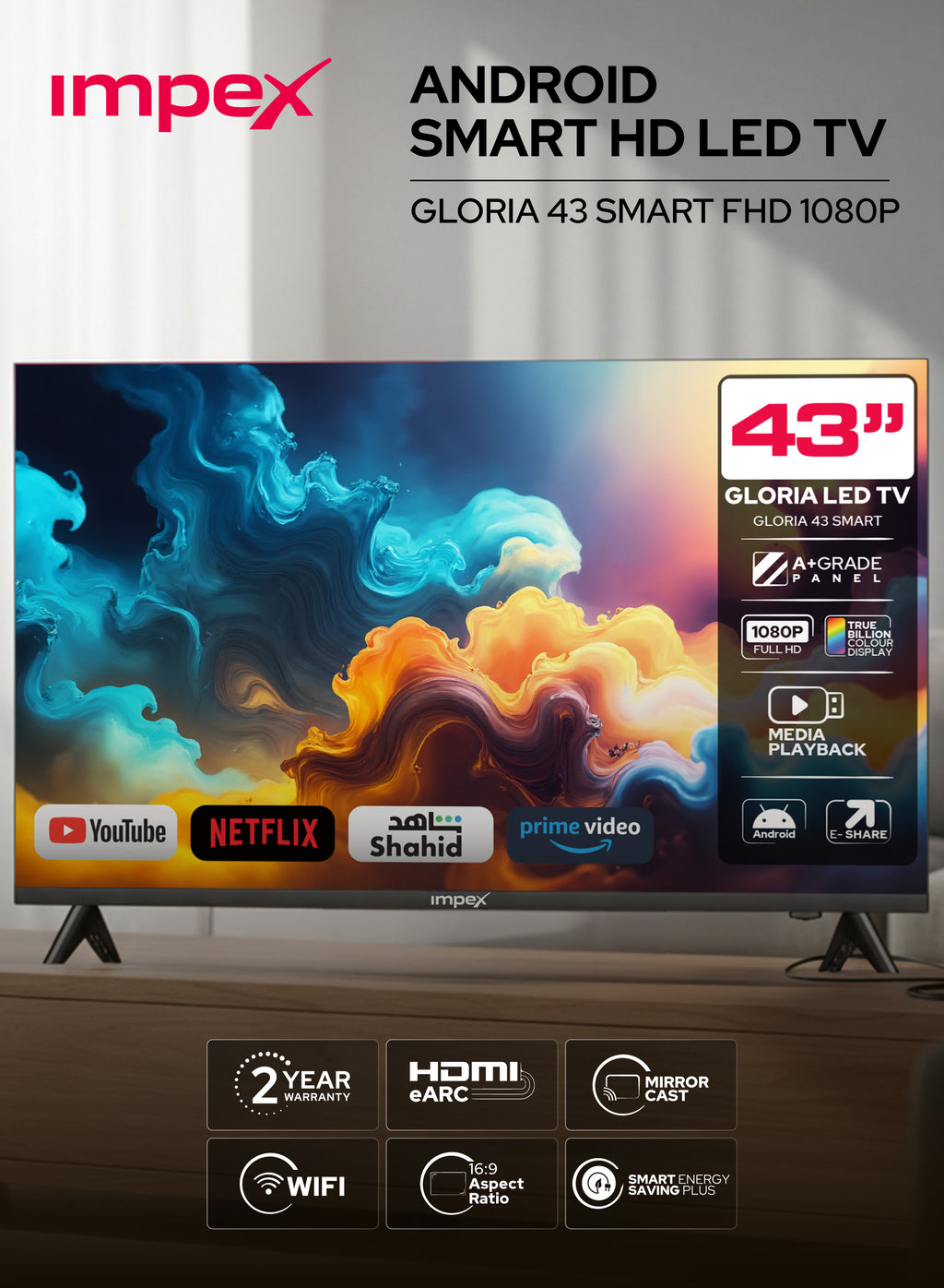 Impex Android Smart HD LED TV with features displayed on screen