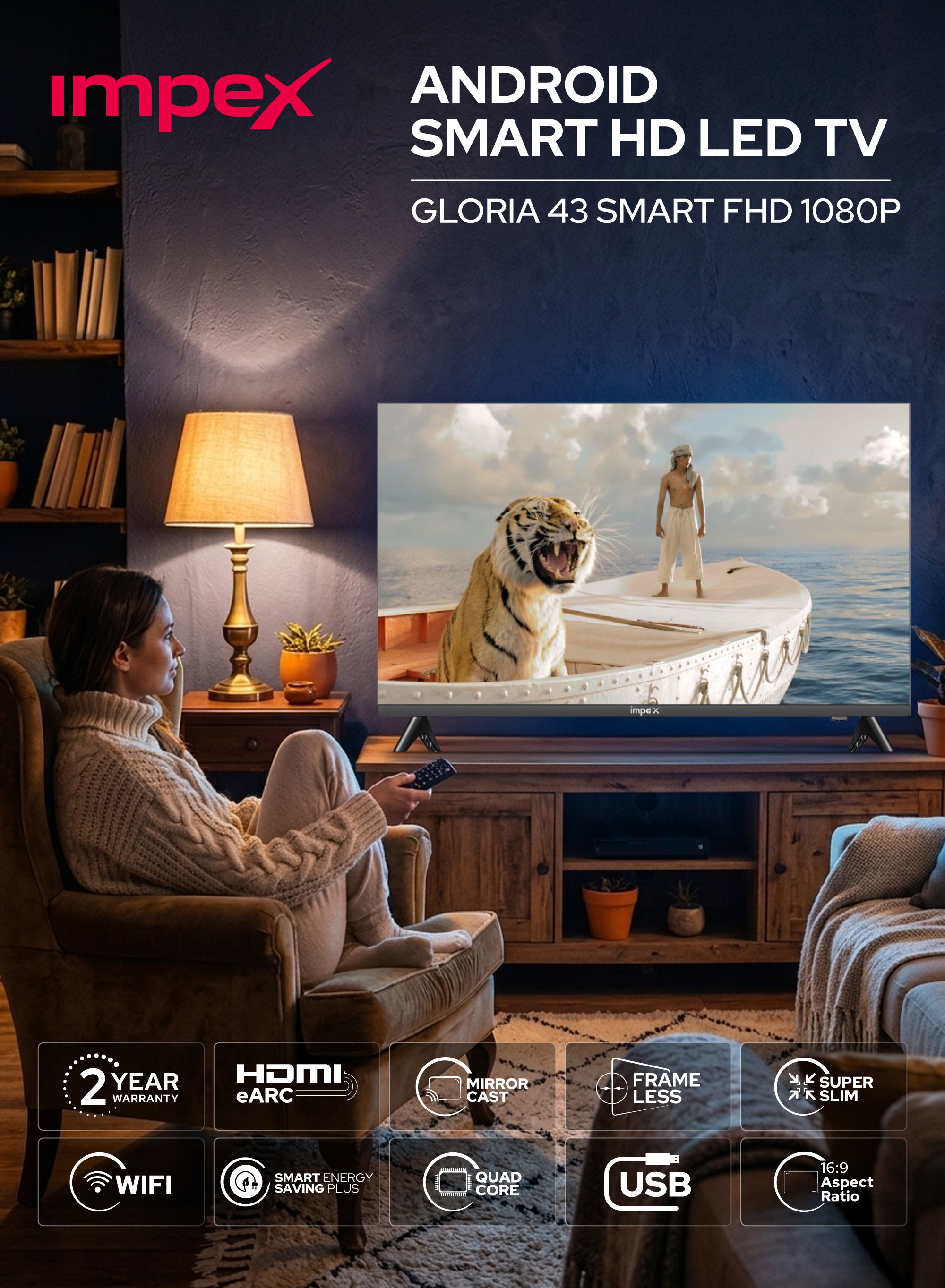 Woman sitting on a couch in a living room watching a TV displaying a tiger and an egyptian pharaoh. The TV is an Impex Android Smart HD LED TV.