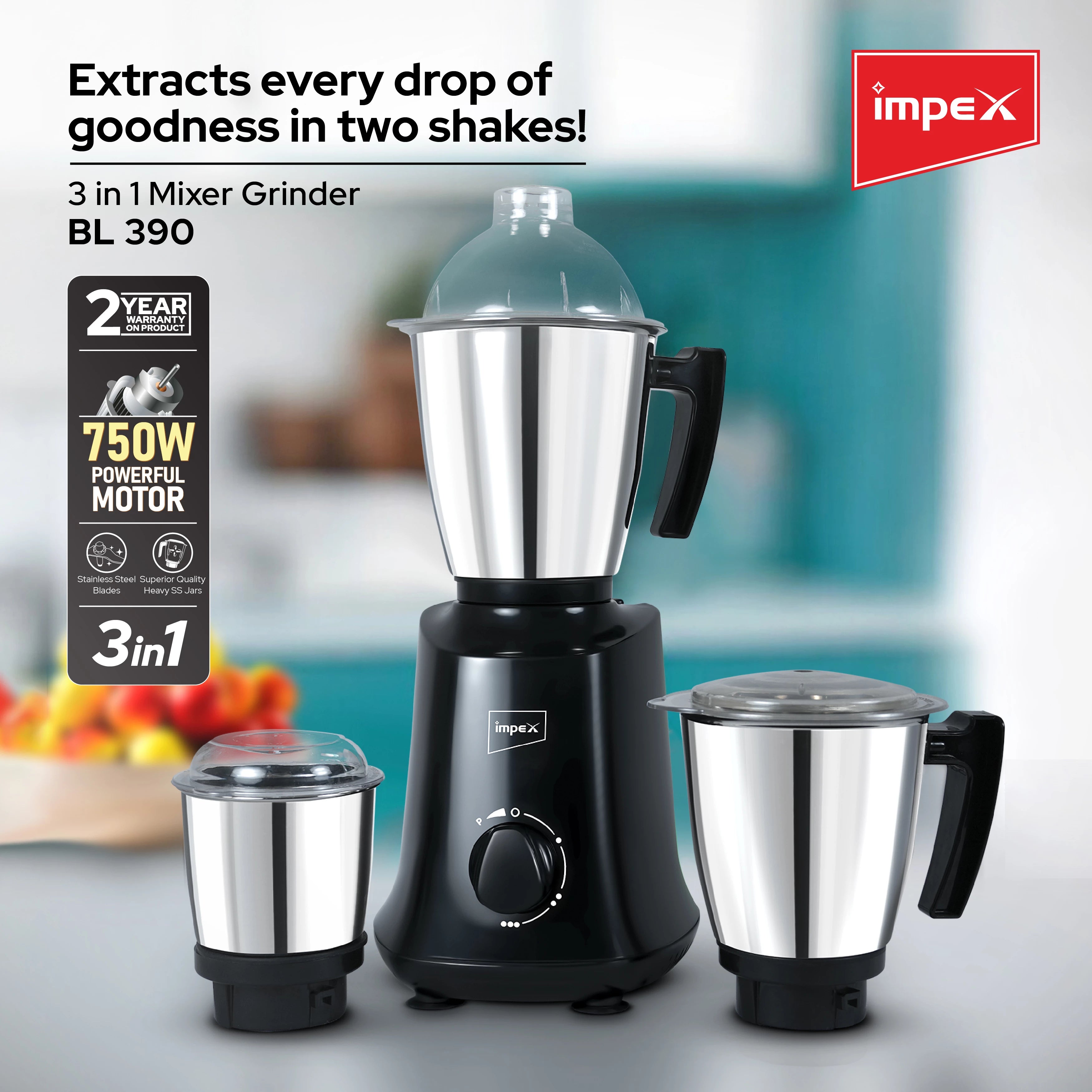 Impex 3 in 1 Mixer Grinder BL 390