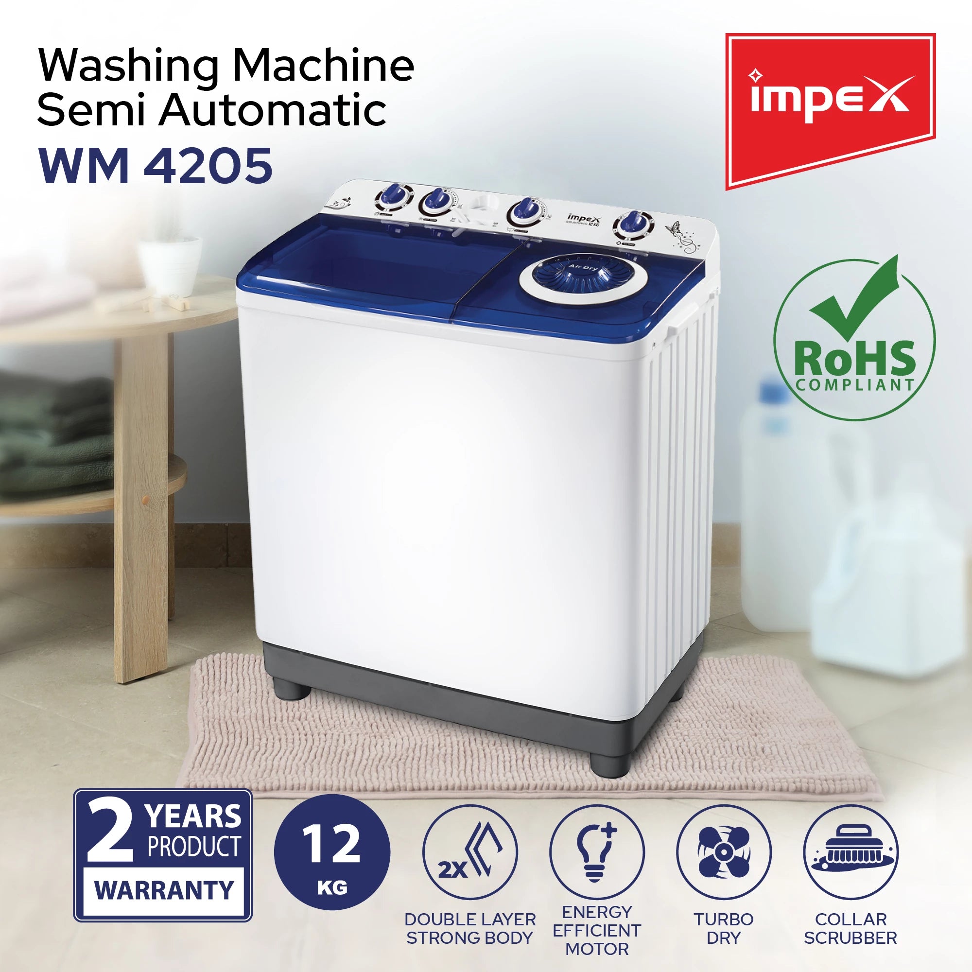 IMPEX 12 KG SEMI-AUTOMATIC WASHING MACHINE WM 4205