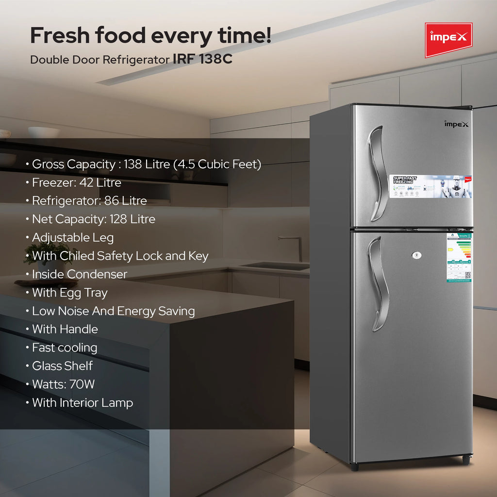 Impex 138L Double Door Refrigerator-Freezer IRF 138C