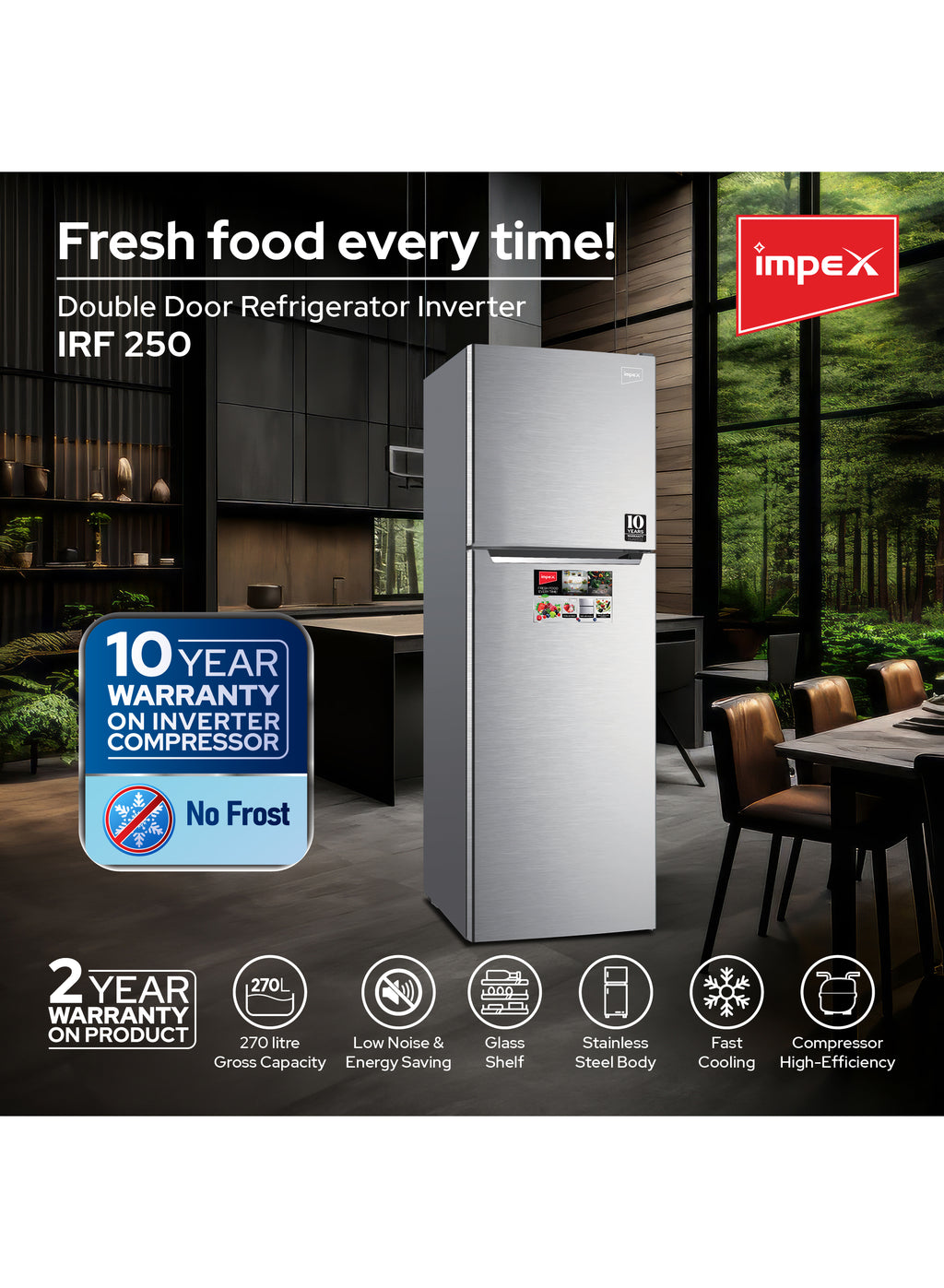 Impex 270L No Frost Inverter Refrigerator IRF250S